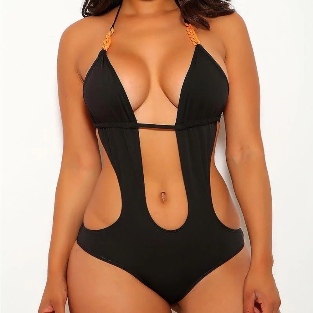 BLACK WITH ORANGE CHAIN HALTER MONOKINI